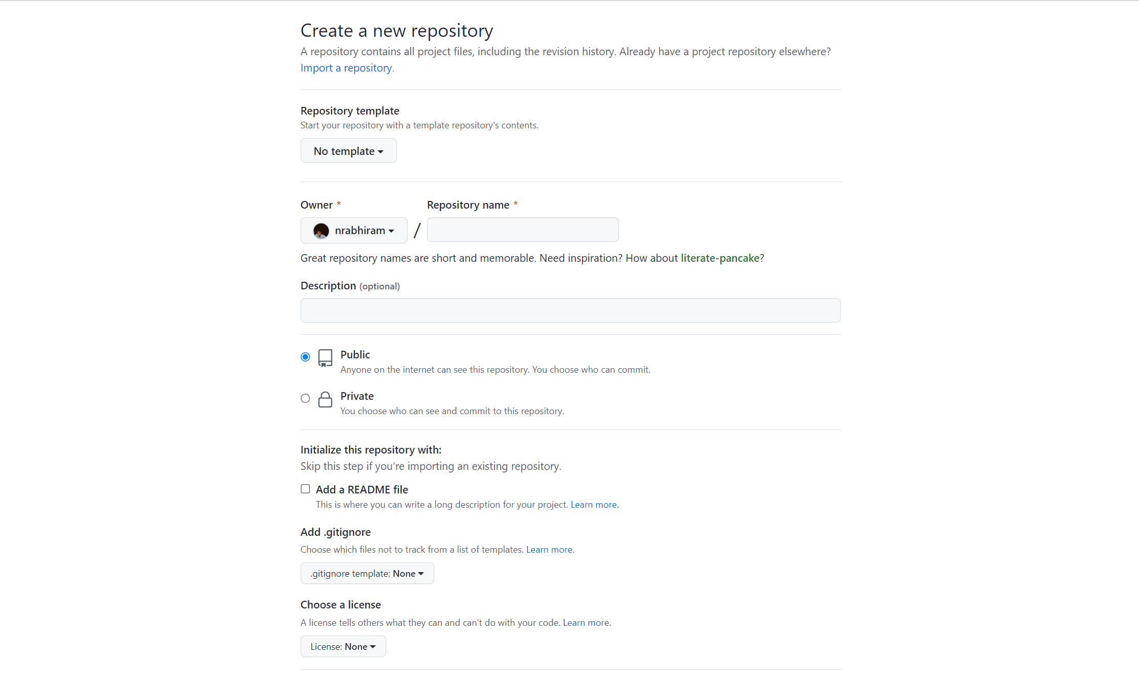 the create repo page on GitHub