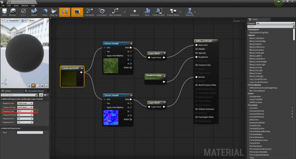 the landscape material's graph editor in Unreal Engine